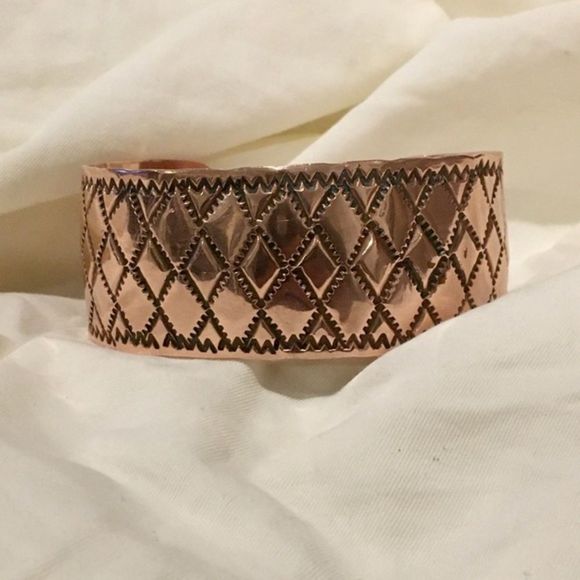 Vintage Diamond Etched Copper Cuff Bracelet - Picture 1 of 8